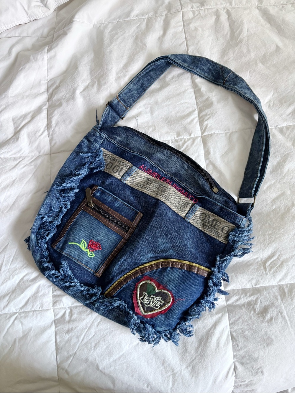 Denim Fringe Crossbody Bag with Rose & Heart Embroidery